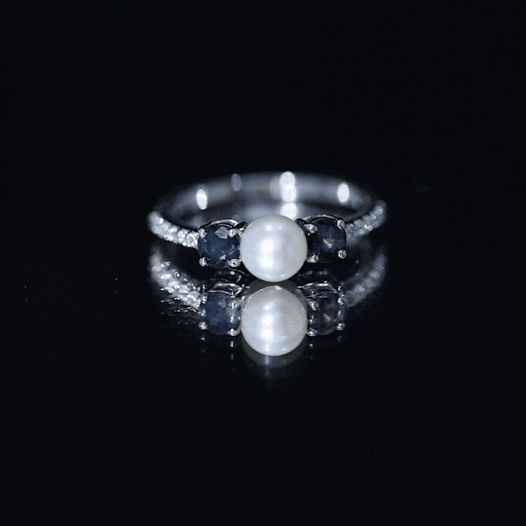 Natural Freshwater Pearl and Blue Sapphire 3 Stone Engagement Ring with Diamond
