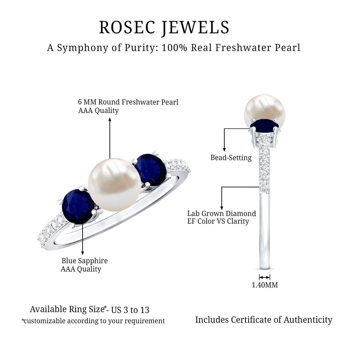 Natural Freshwater Pearl and Blue Sapphire 3 Stone Engagement Ring with Diamond