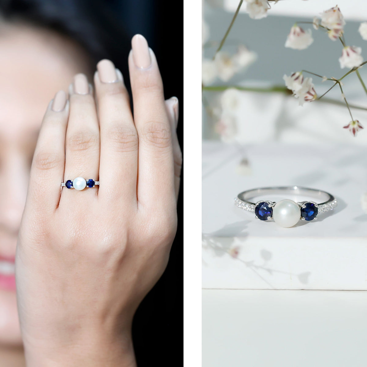 Natural Freshwater Pearl and Blue Sapphire 3 Stone Engagement Ring with Diamond