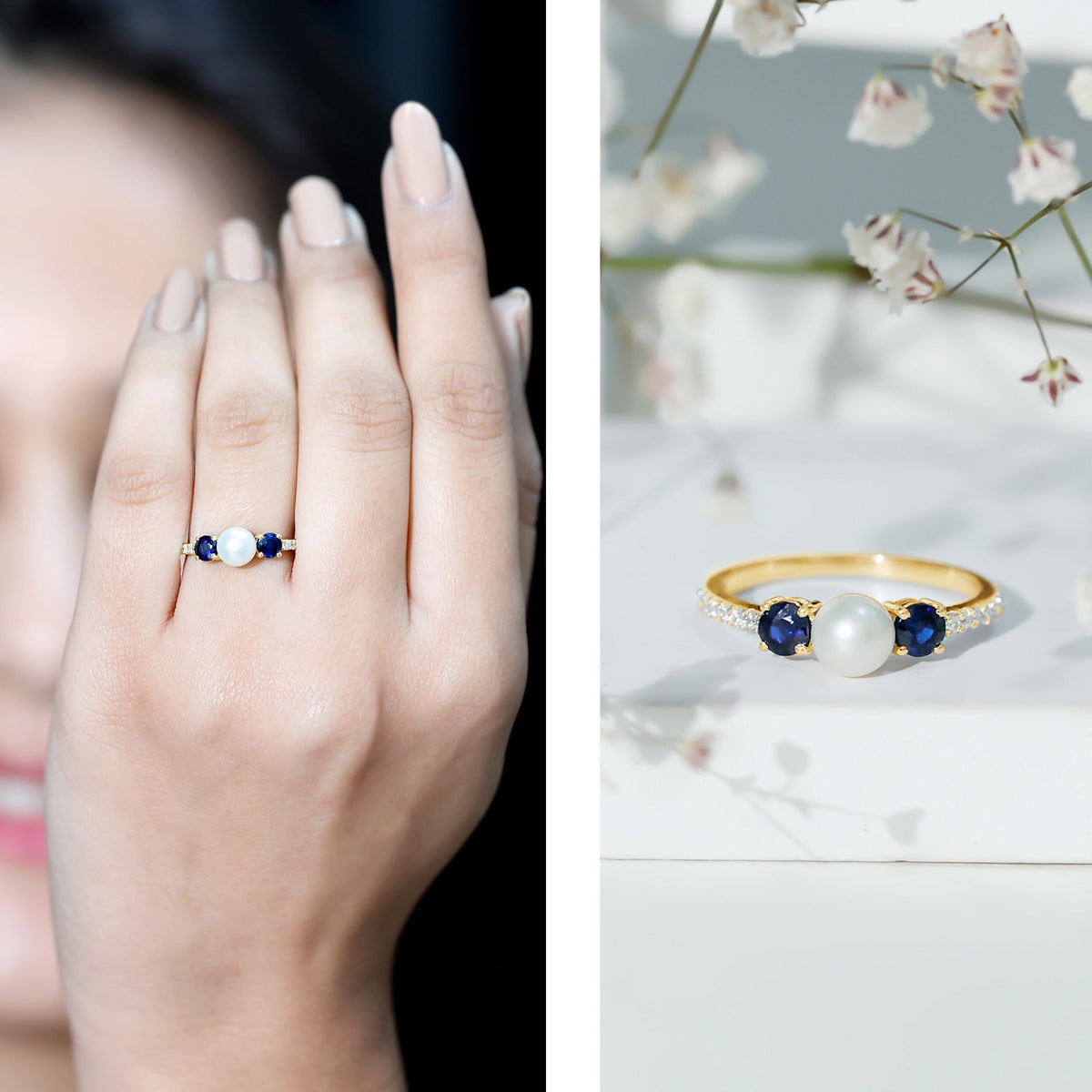 Natural Freshwater Pearl and Blue Sapphire 3 Stone Engagement Ring with Diamond