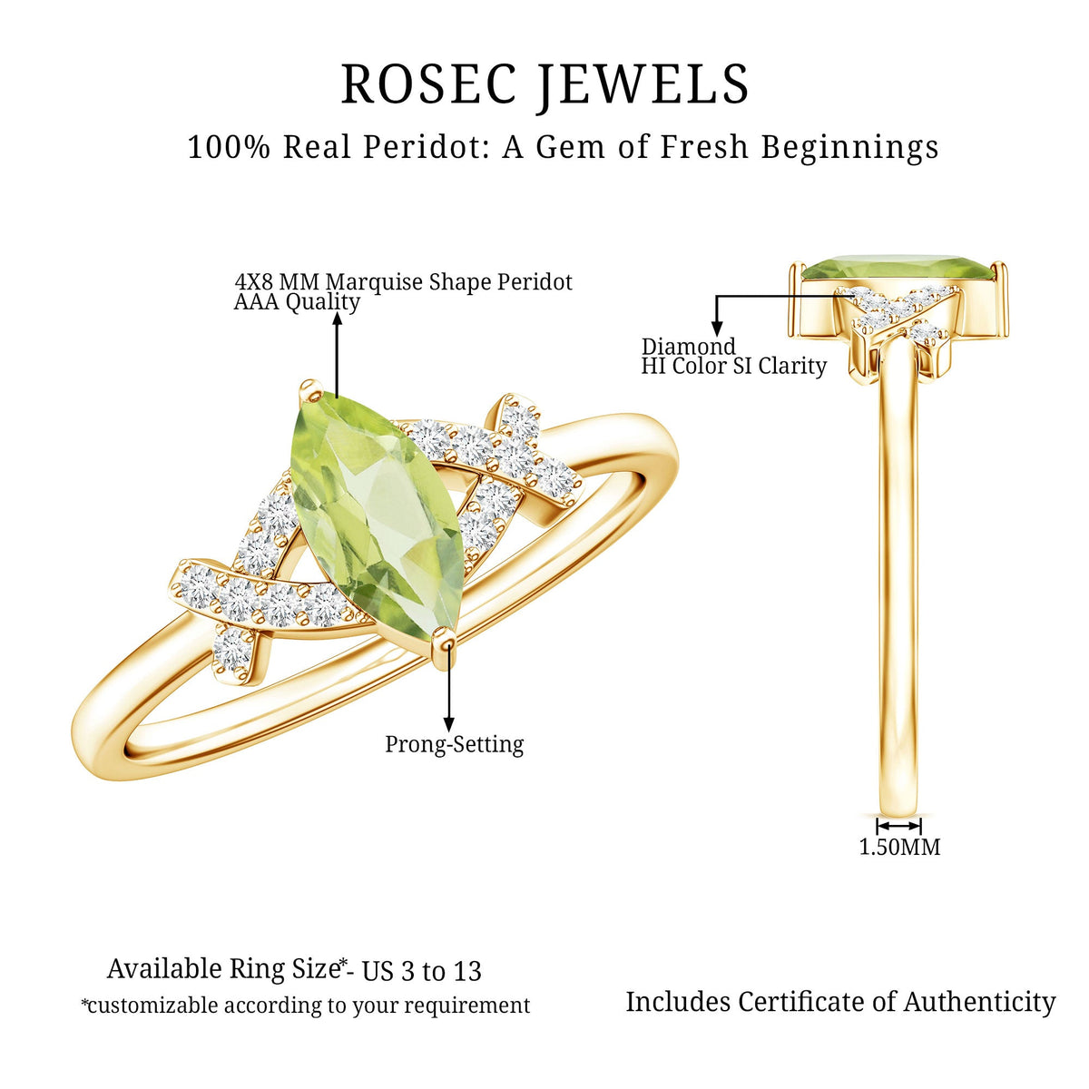 Certified Real 0.7 Carat Marquise Peridot Promise Ring with Diamond