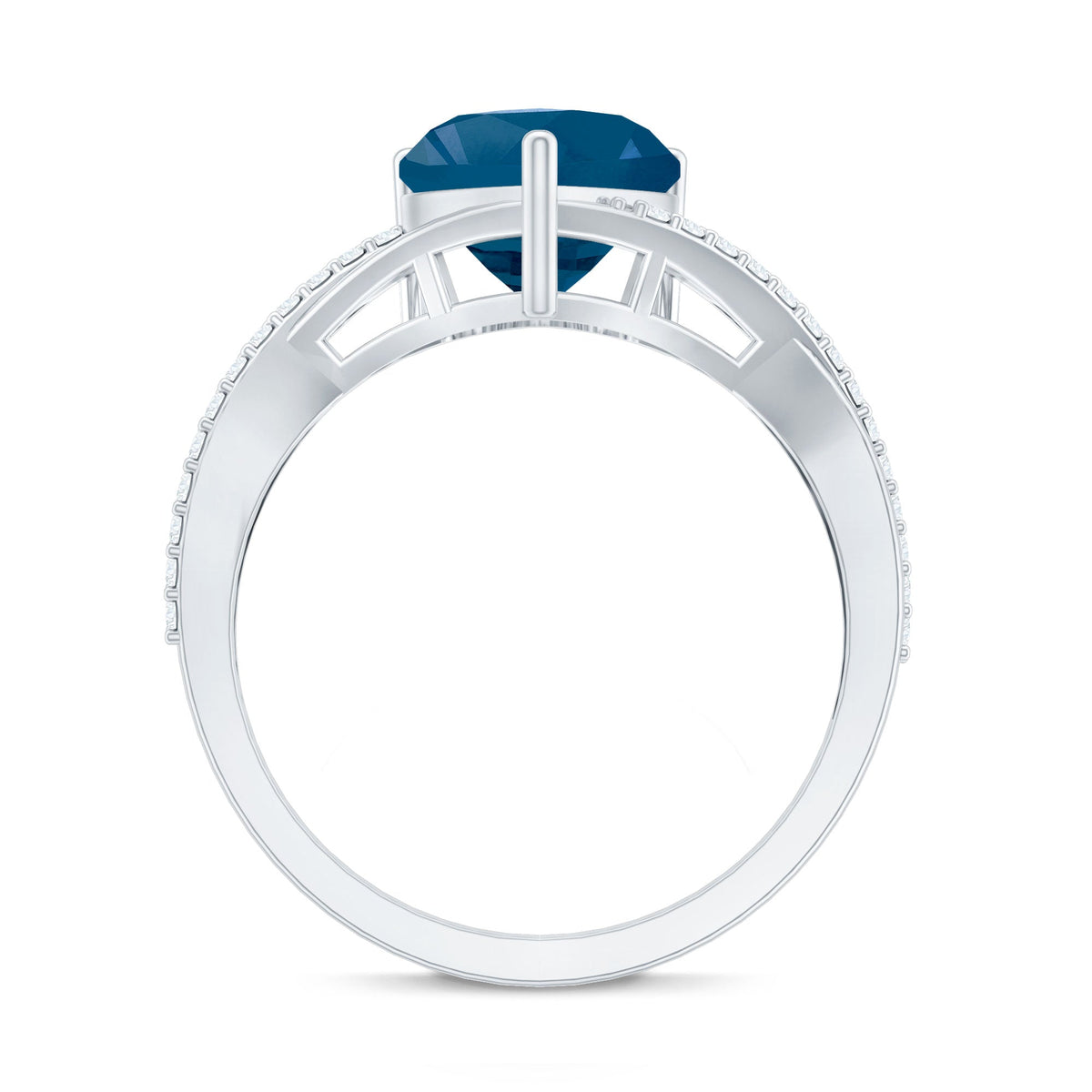 London Blue Topaz and Diamond Heart Engagement Ring in Crossover Band