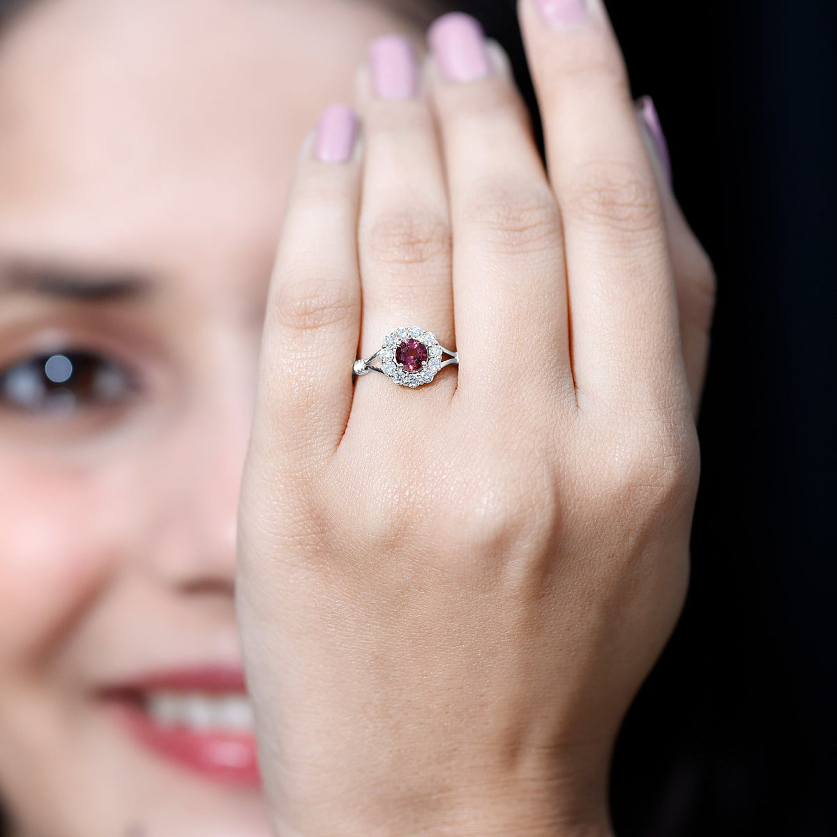 Real Pink Tourmaline and Diamond Engagement Ring in Split Shank