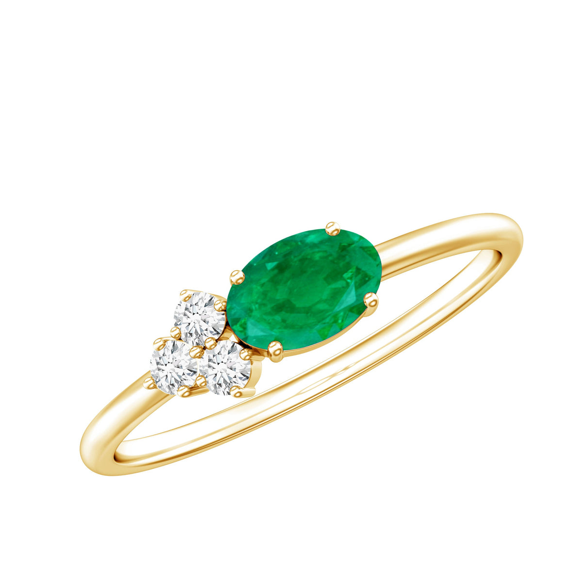 AAA Quality Oval Cut Emerald East West Promise Ring with Diamond Trio