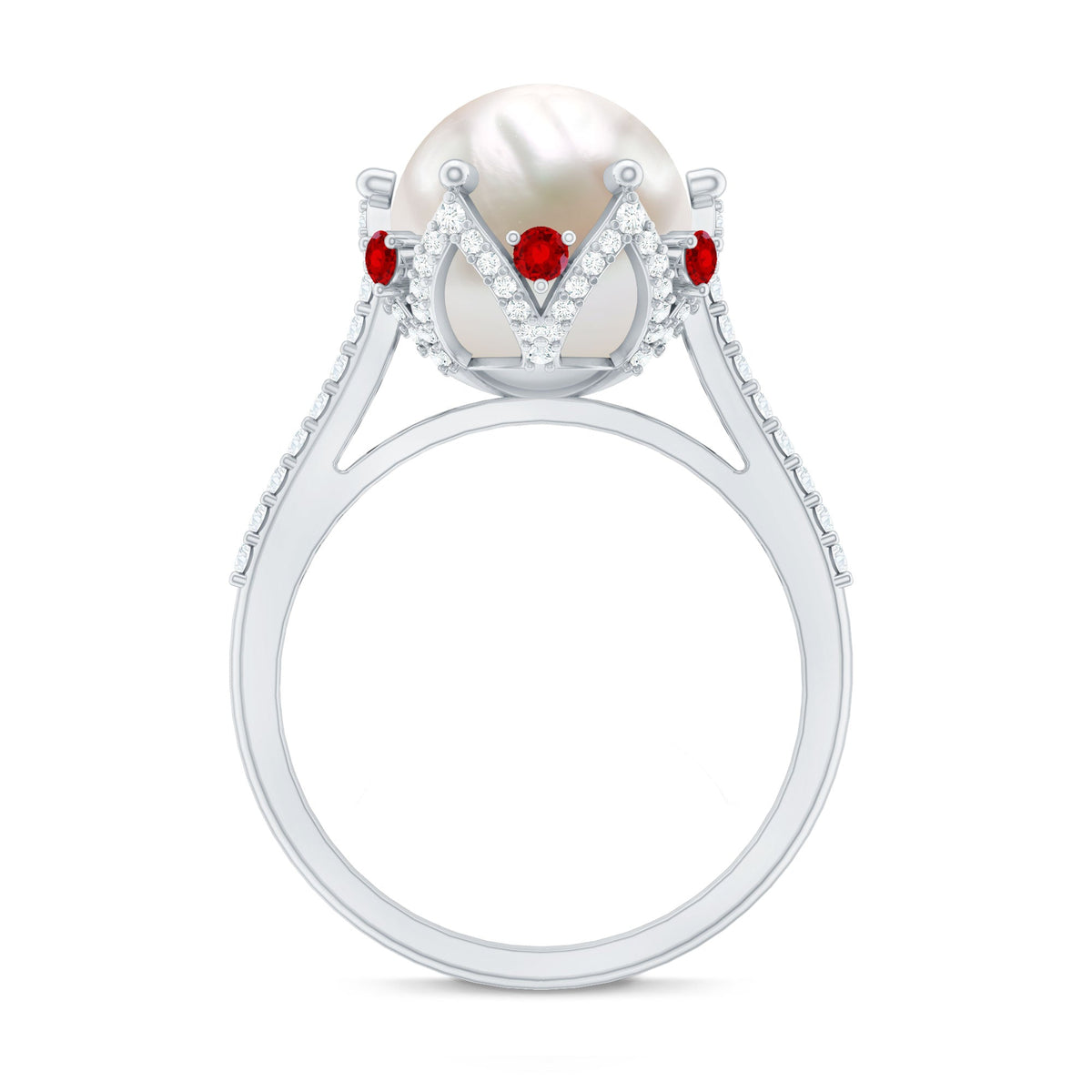 Designer 8 Carat Freshwater Pearl Engagement Ring with Ruby and Moissanite