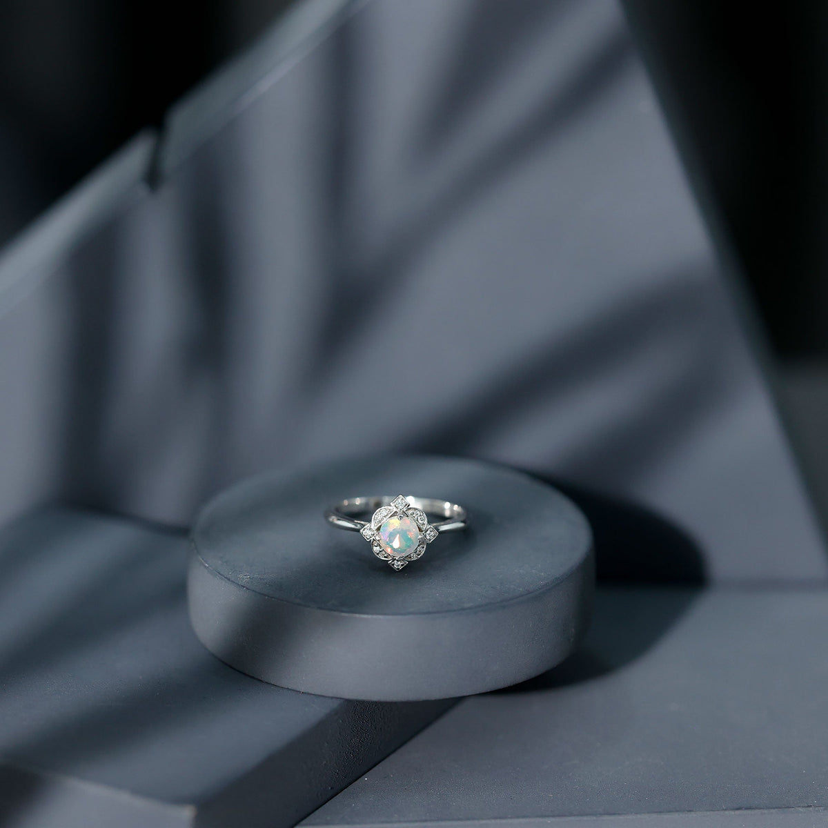 Real Ethiopian Opal Vintage Looking Engagement Ring with Diamond