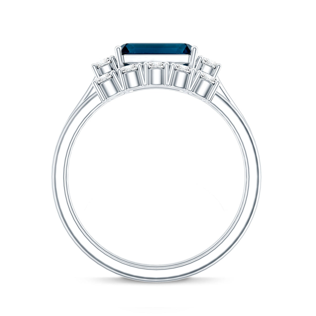 Genuine Emerald Cut London Blue Topaz Engagement Ring with Diamond Wedding Band