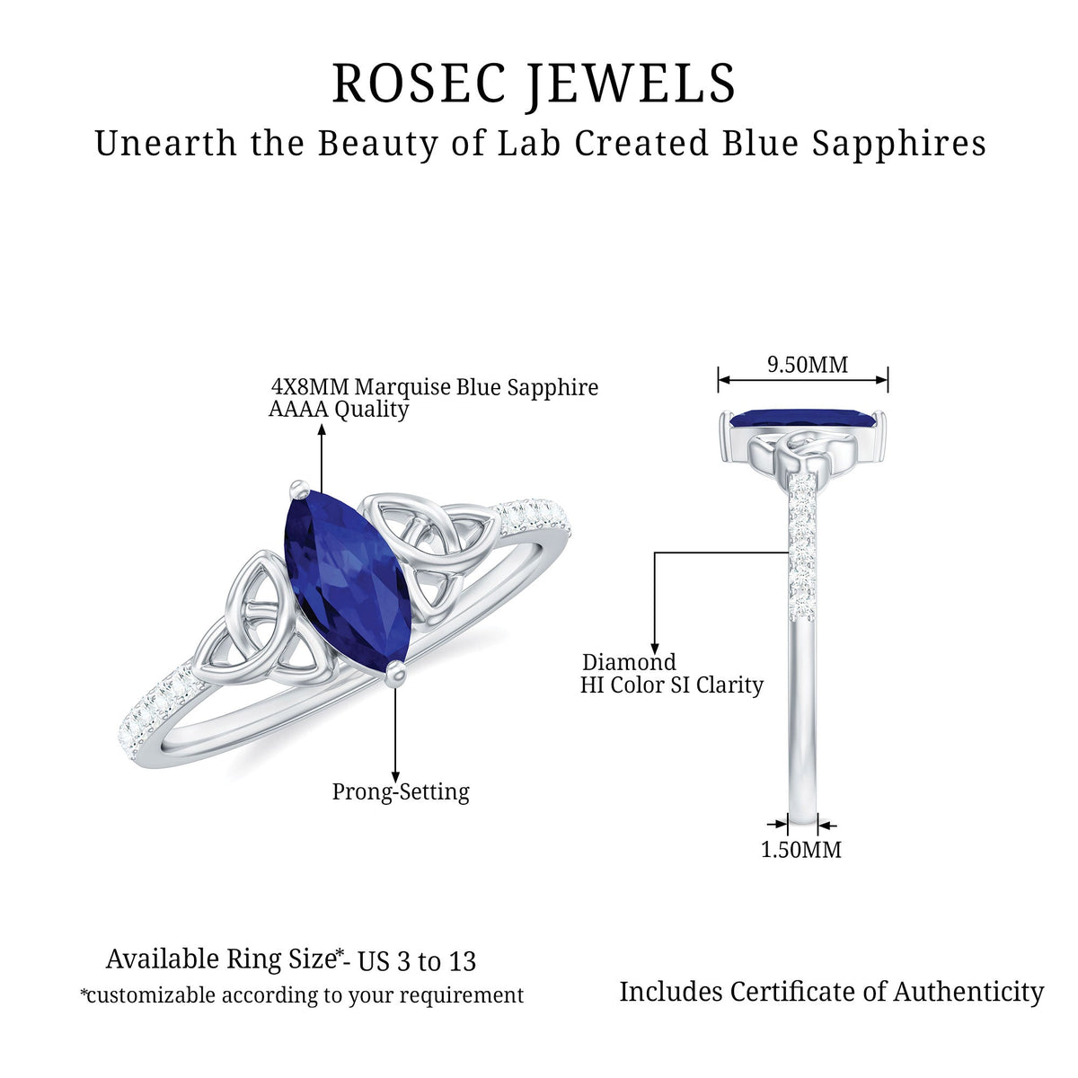 Certified 0.7 Carat Lab Grown Blue Sapphire Diamond Marquise Engagement Ring with Celtic Knot
