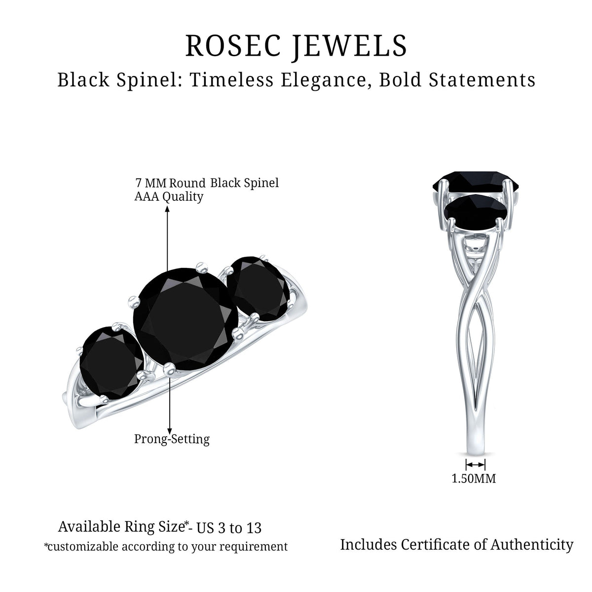 Natural 1.5 Carat Black Spinel 3 Stone Engagement Ring for Women