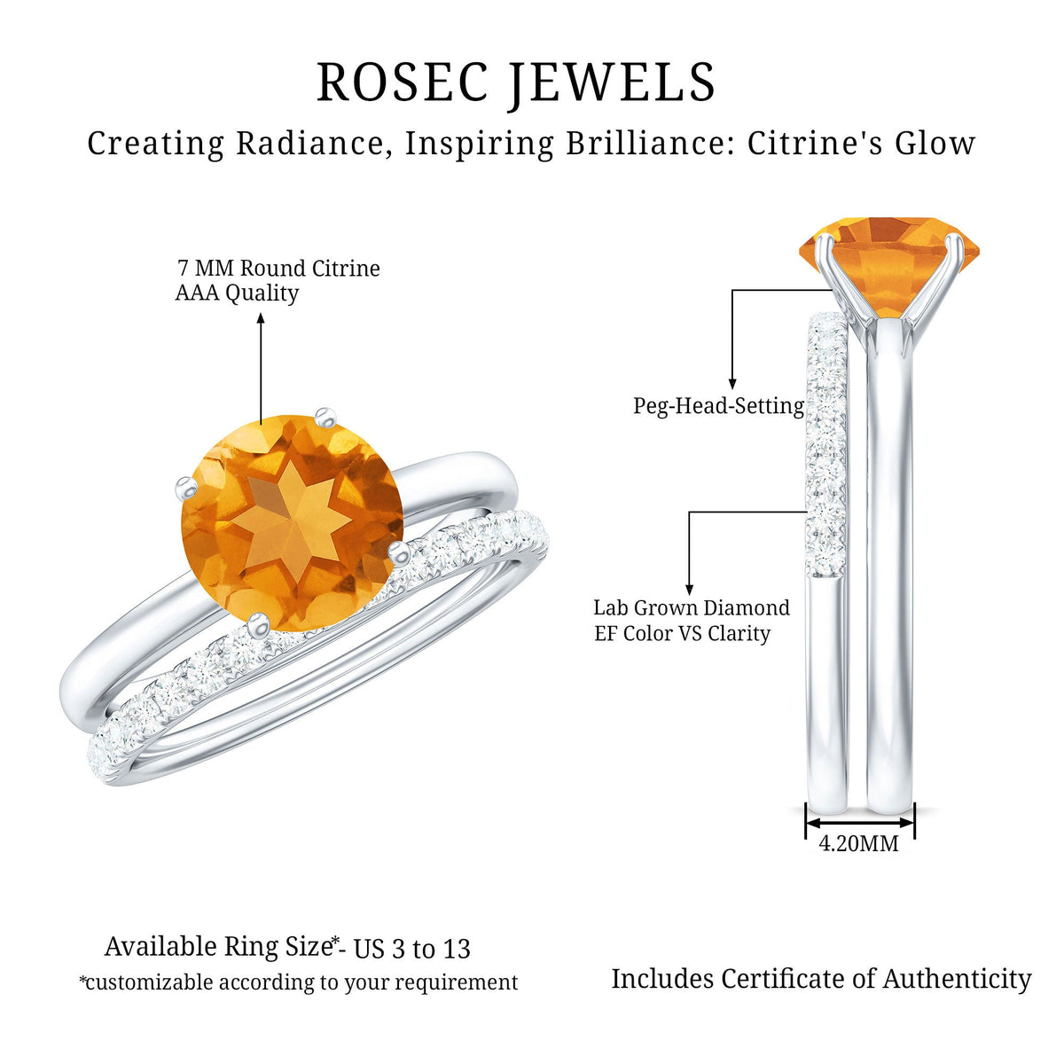 Natural Citrine Bridal Ring Set with Lab Grown Diamond Wedding Band