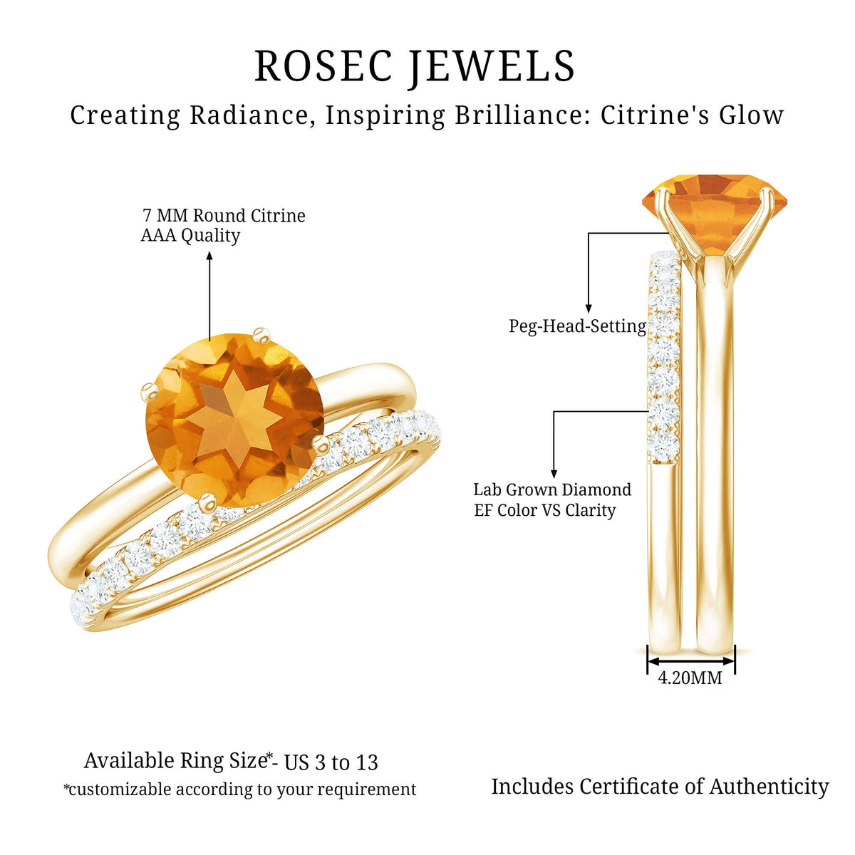Natural Citrine Bridal Ring Set with Lab Grown Diamond Wedding Band