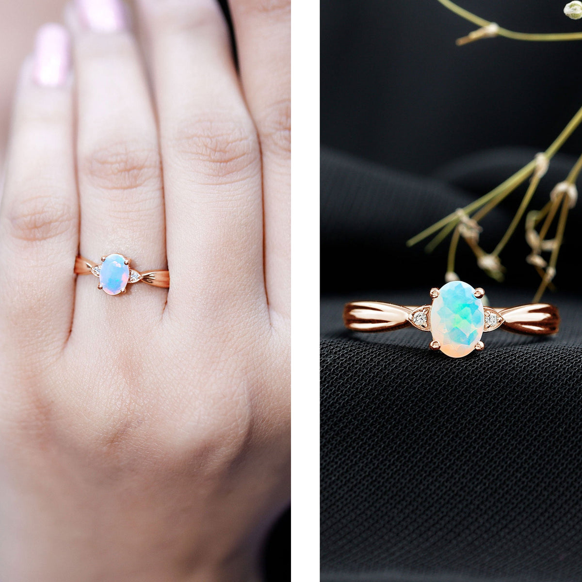 Natural Solitaire Ethiopian Opal Diamond Oval Engagement Ring With Pinched Shank