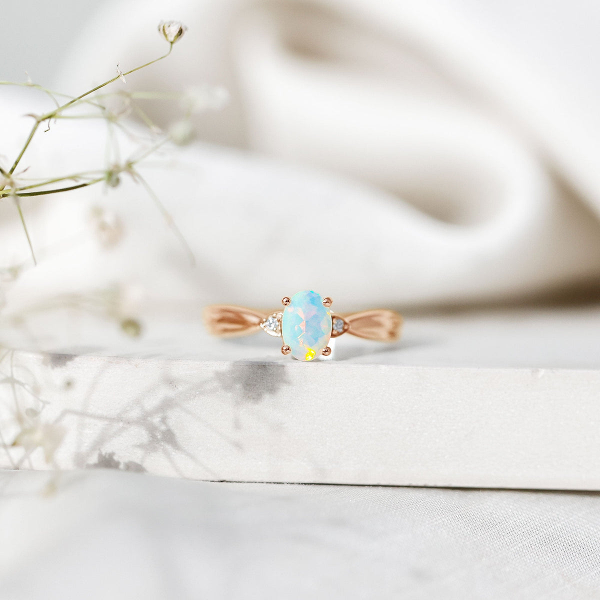 Natural Solitaire Ethiopian Opal Diamond Oval Engagement Ring With Pinched Shank