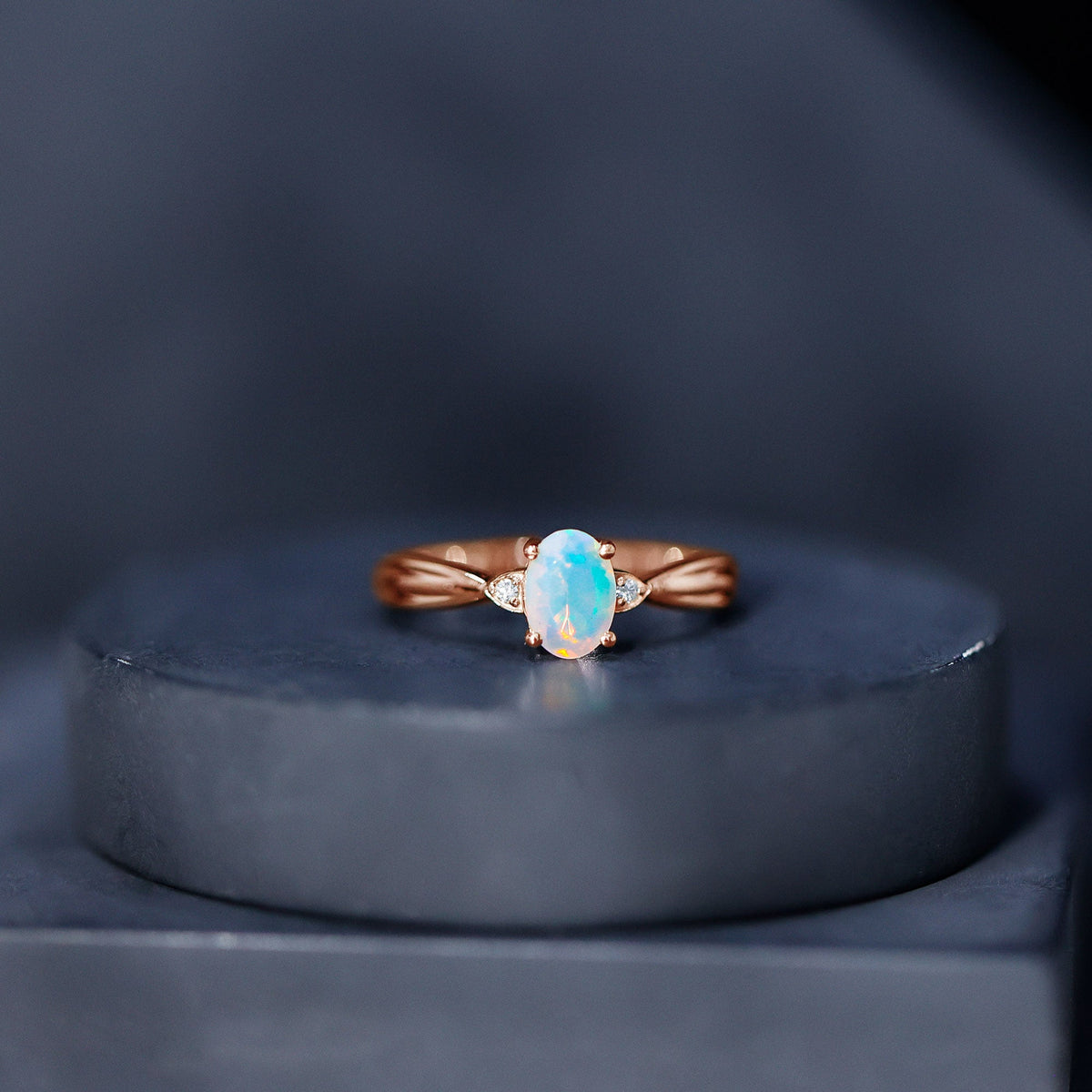 Natural Solitaire Ethiopian Opal Diamond Oval Engagement Ring With Pinched Shank
