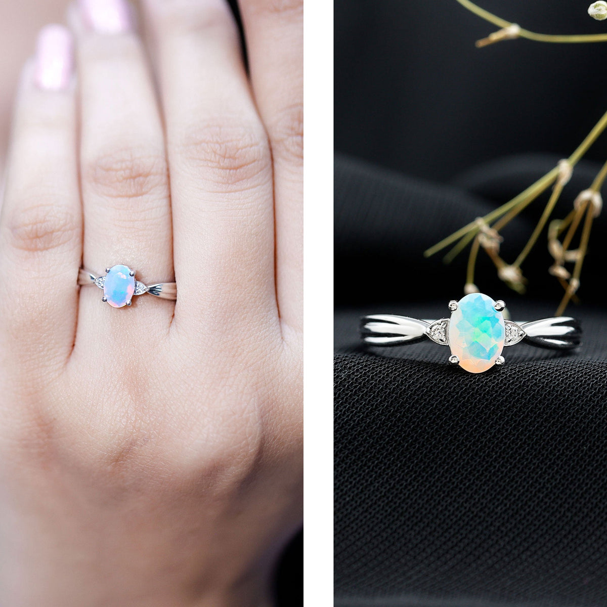 Natural Solitaire Ethiopian Opal Diamond Oval Engagement Ring With Pinched Shank