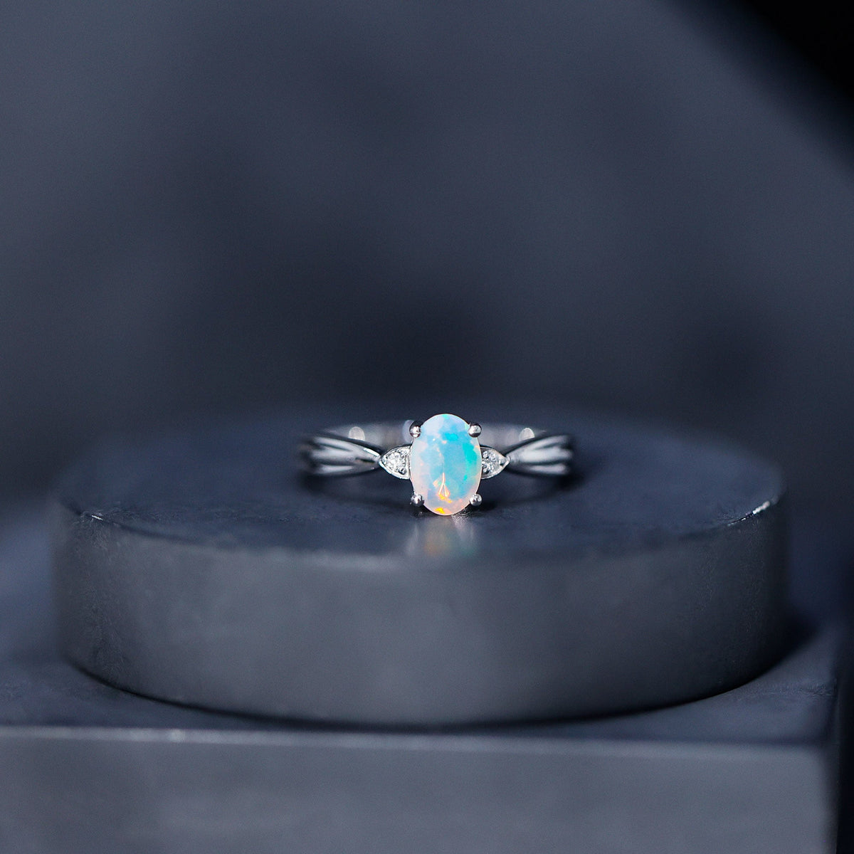 Natural Solitaire Ethiopian Opal Diamond Oval Engagement Ring With Pinched Shank