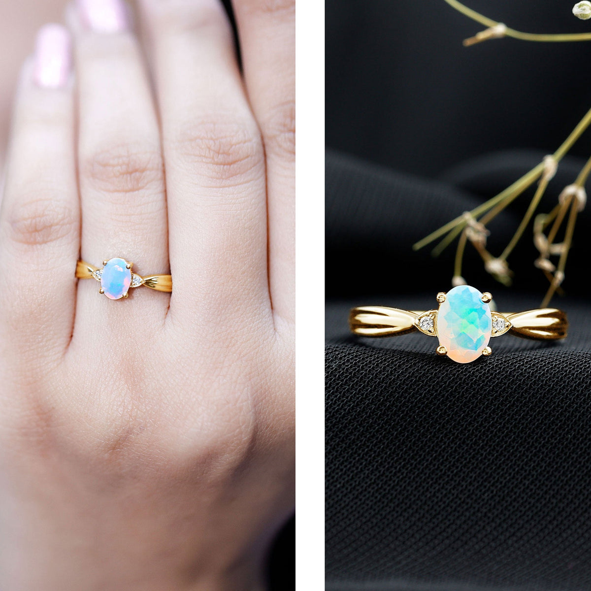 Natural Solitaire Ethiopian Opal Diamond Oval Engagement Ring With Pinched Shank