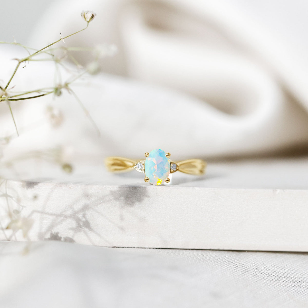 Natural Solitaire Ethiopian Opal Diamond Oval Engagement Ring With Pinched Shank