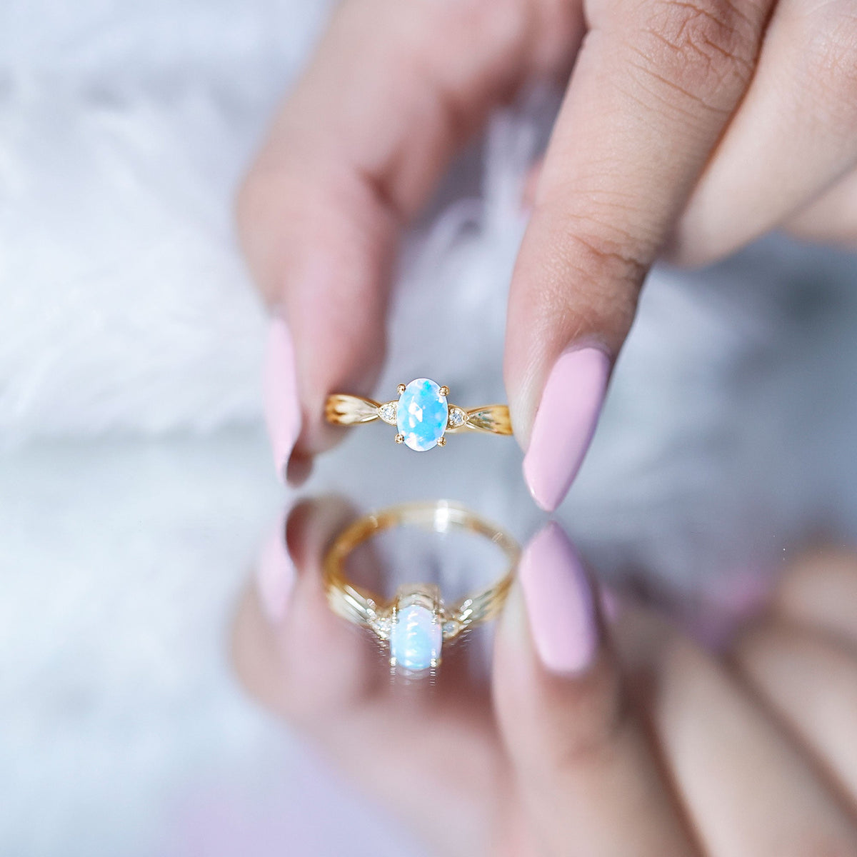 Natural Solitaire Ethiopian Opal Diamond Oval Engagement Ring With Pinched Shank