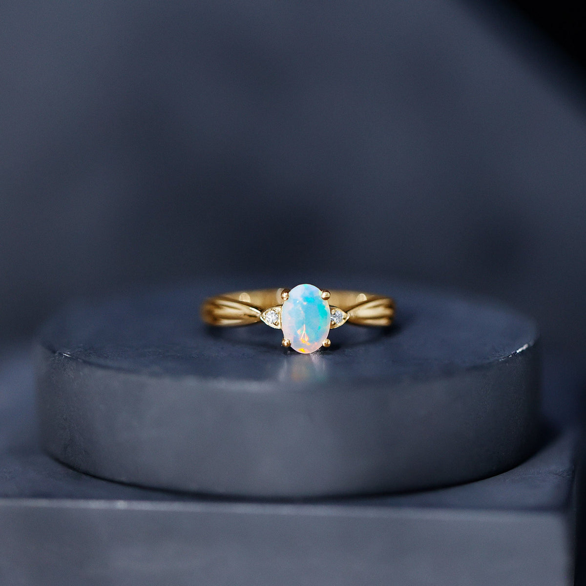 Natural Solitaire Ethiopian Opal Diamond Oval Engagement Ring With Pinched Shank