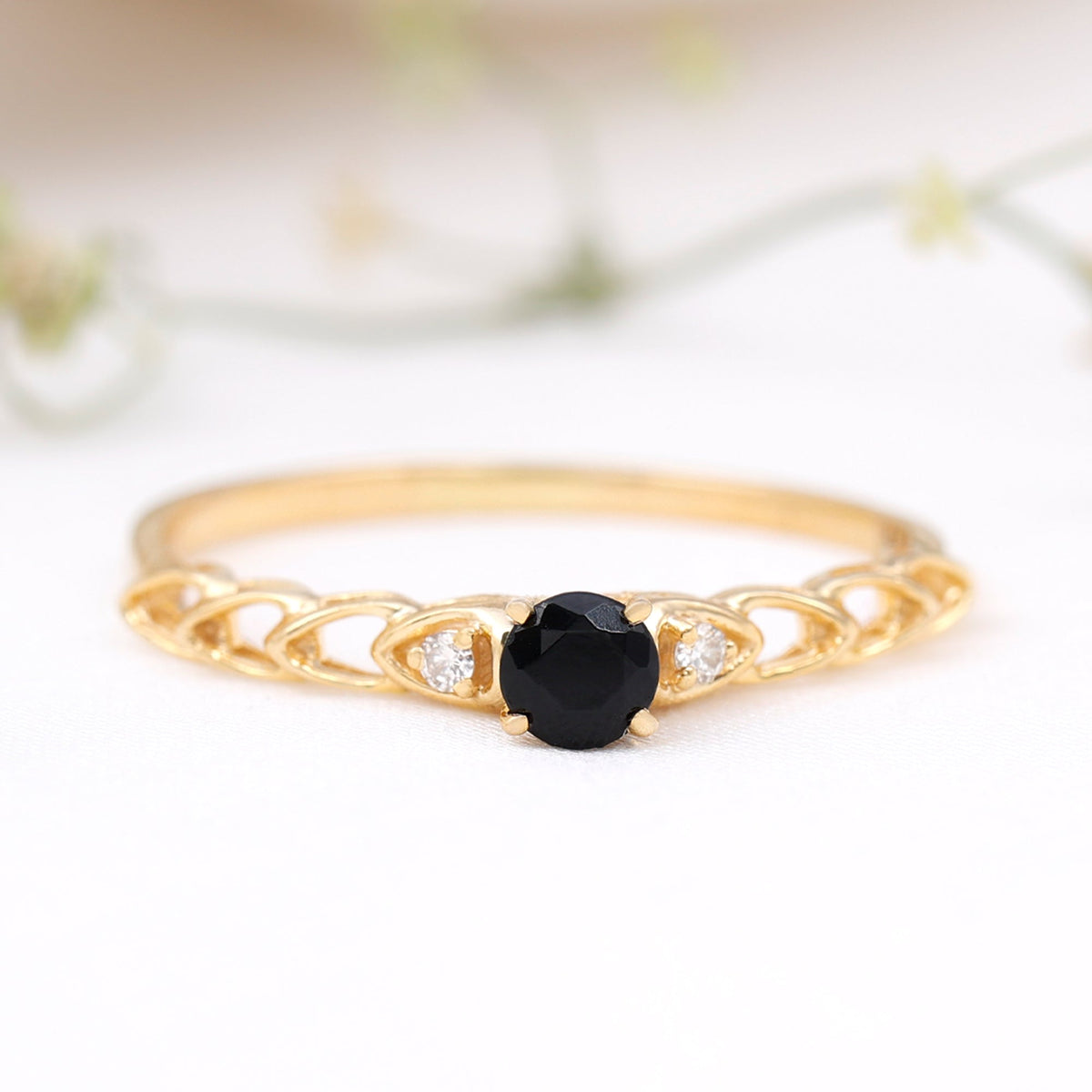 Natural Black Spinel Diamond Promise Ring with Certificate