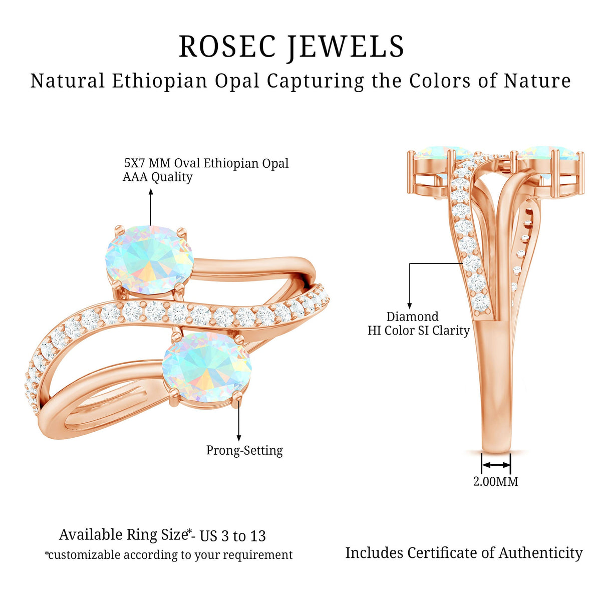 Natural Oval Ethiopian Opal Toi Et Moi Engagement Ring with Diamond