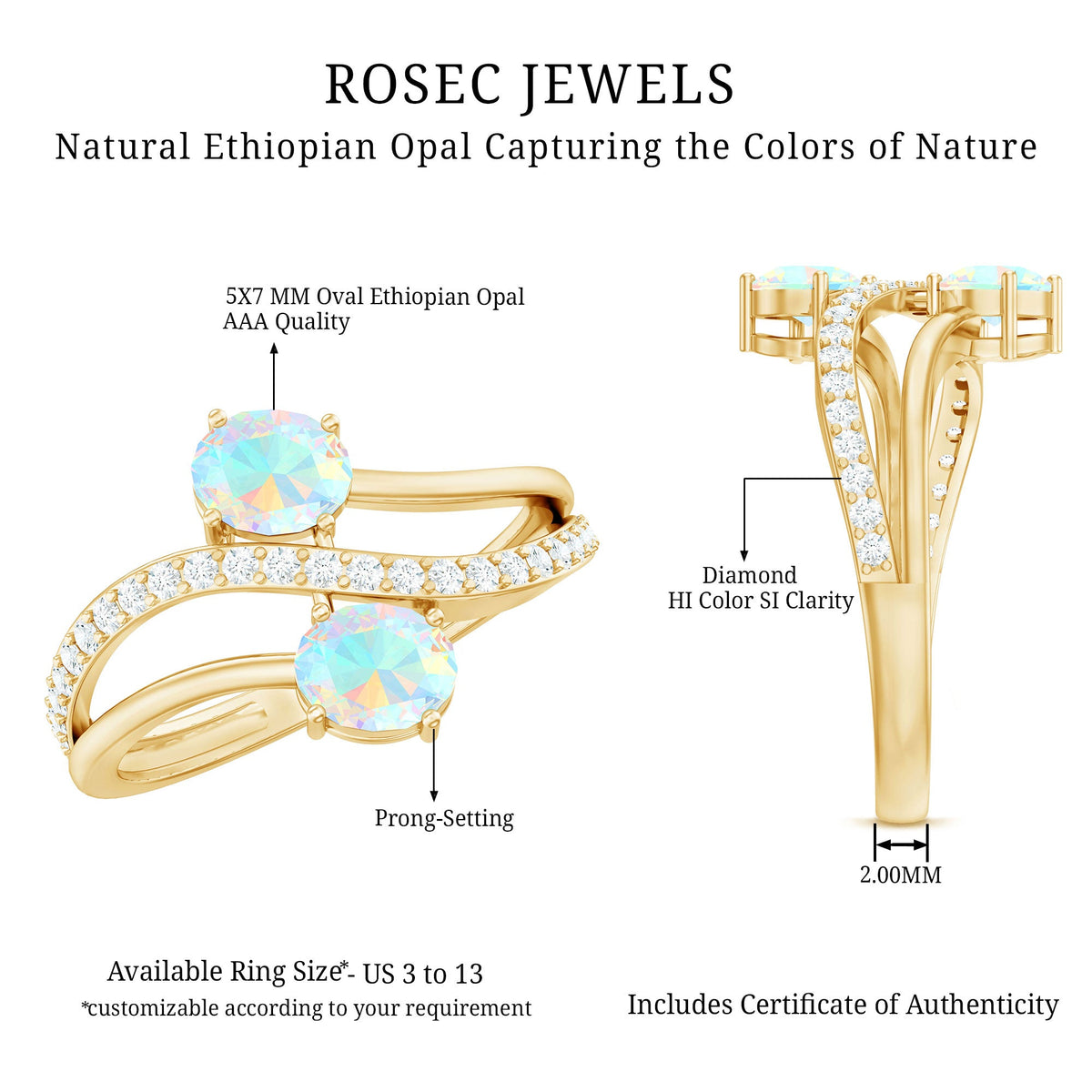 Natural Oval Ethiopian Opal Toi Et Moi Engagement Ring with Diamond