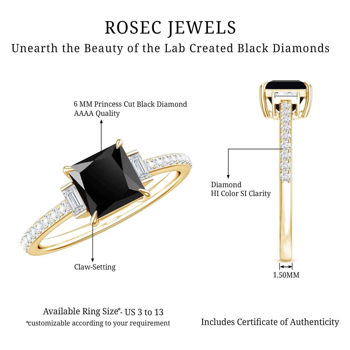 Certified 1 Carat Lab Grown Black and White Diamond Princess Cut Solitaire Engagement Ring