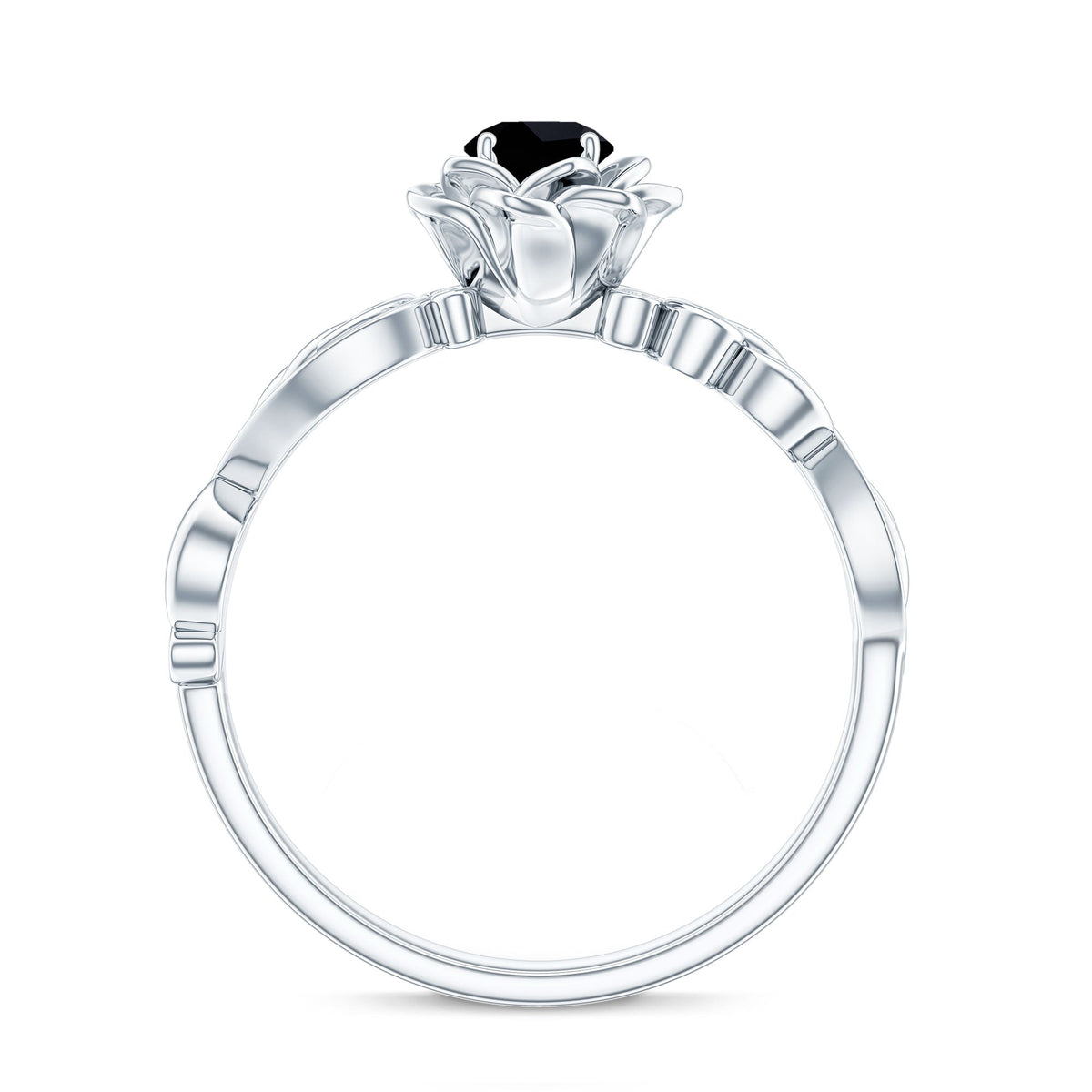 Lab Grown Black Diamond Floral Engagement Ring with White Diamond Accents