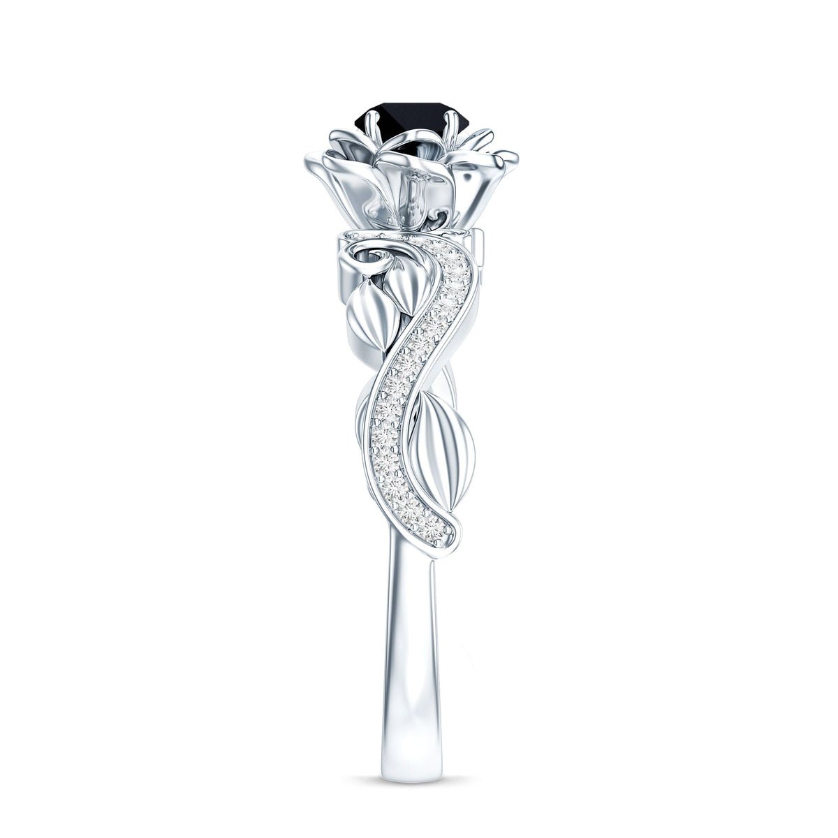 Lab Grown Black Diamond Floral Engagement Ring with White Diamond Accents