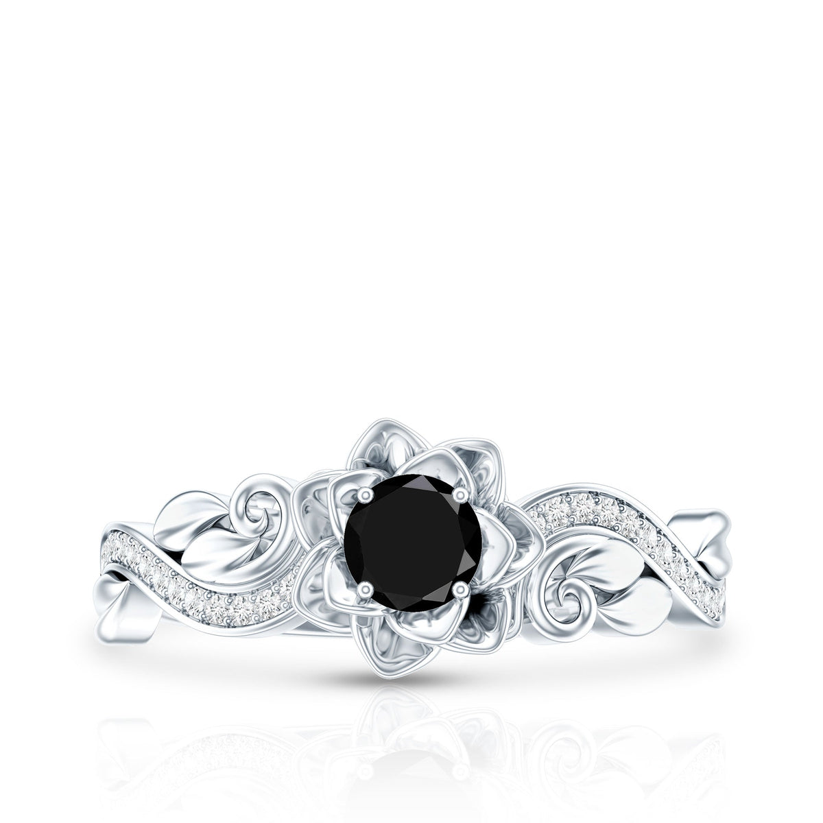 Lab Grown Black Diamond Floral Engagement Ring with White Diamond Accents