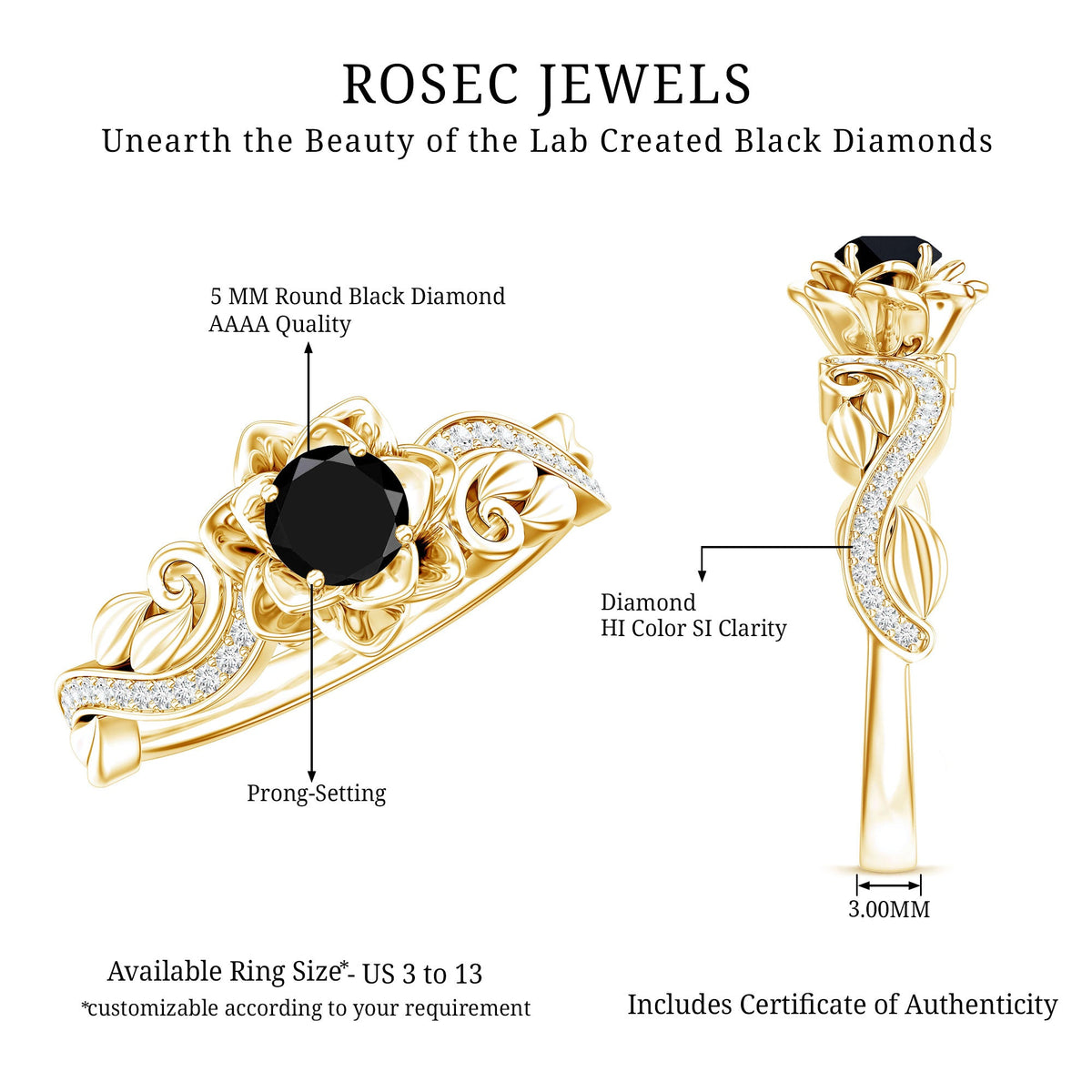 Lab Grown Black Diamond Floral Engagement Ring with White Diamond Accents