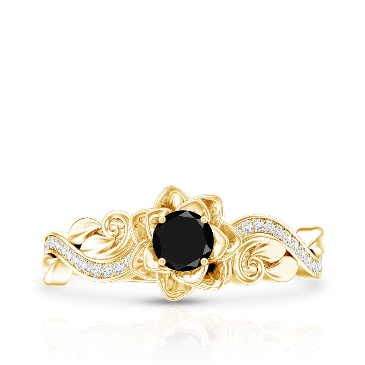 Lab Grown Black Diamond Floral Engagement Ring with White Diamond Accents