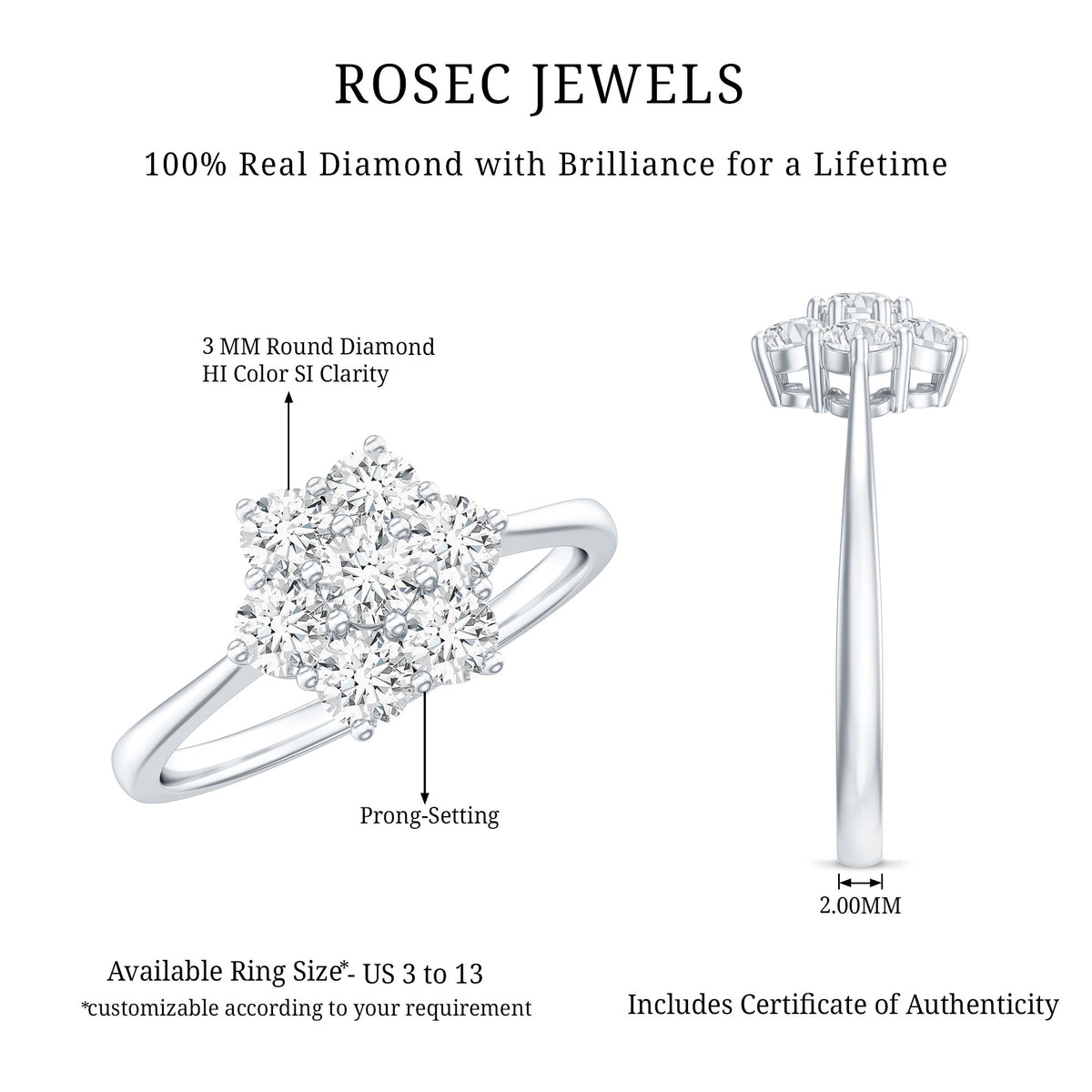 Natural Diamond Flower Cluster Engagement Ring for Women