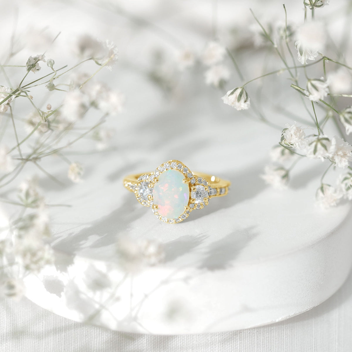 Vintage Inspired Opalescent Oval Engagement Ring with Real Diamond