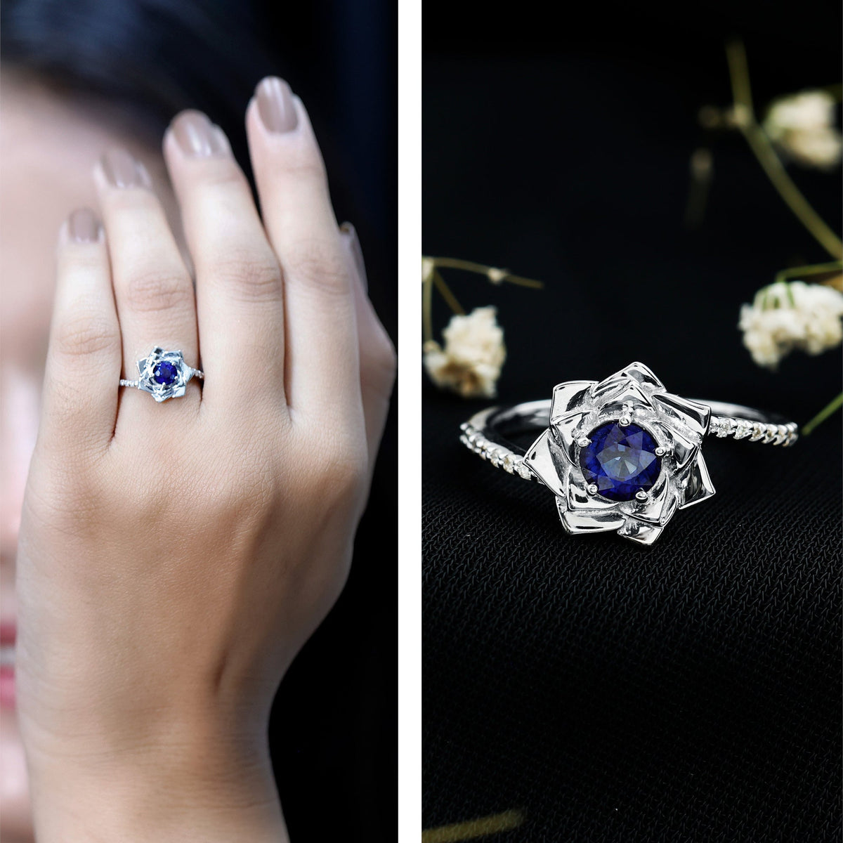 Real 0.9 Carat Blue Sapphire Rose Flower Engagement Ring with Diamond Bypass Shank