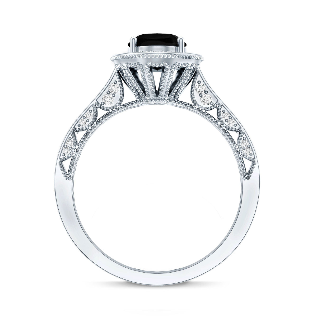 Vintage Inspired Black Onyx Oval Engagement Ring with Diamond Halo