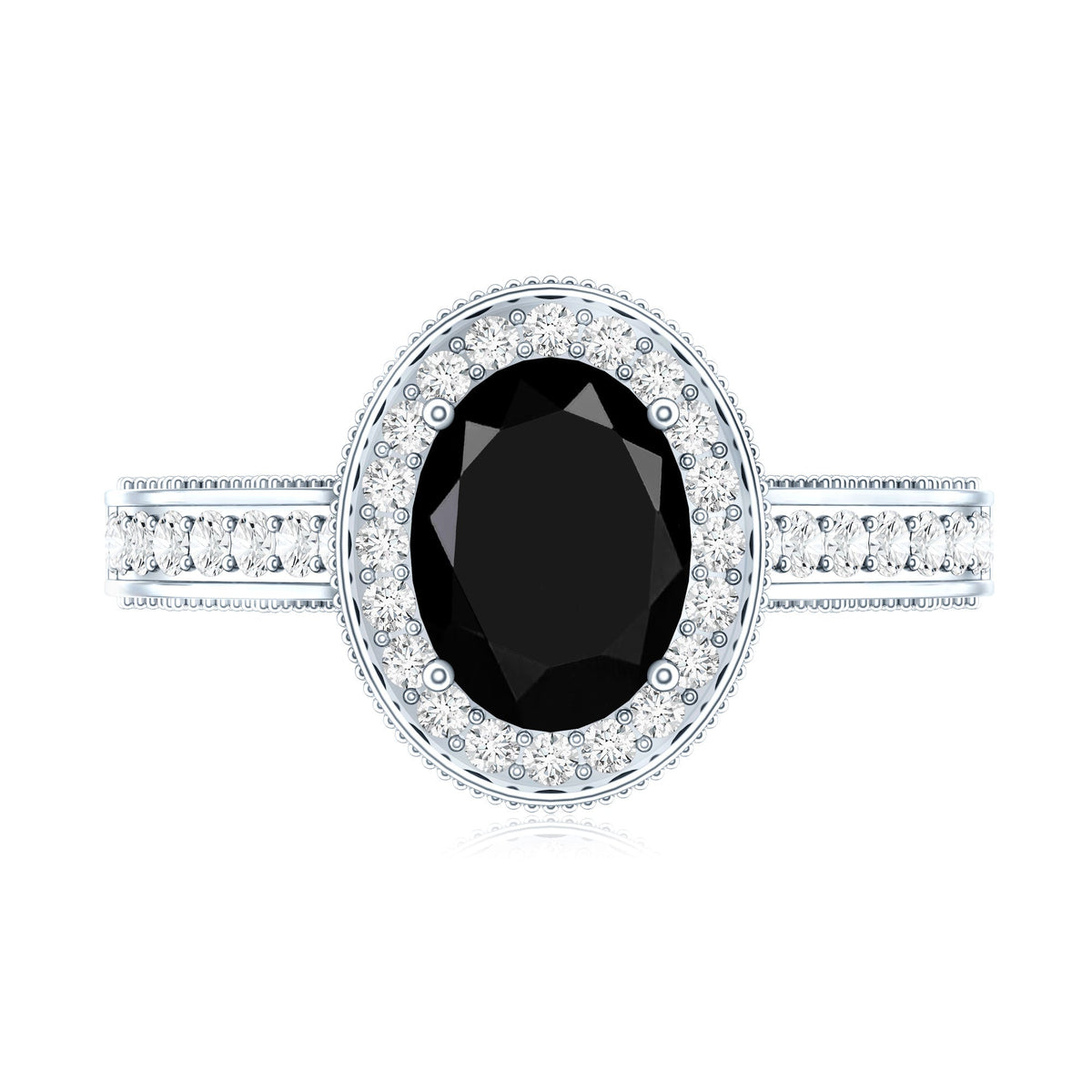 Vintage Inspired Black Onyx Oval Engagement Ring with Diamond Halo