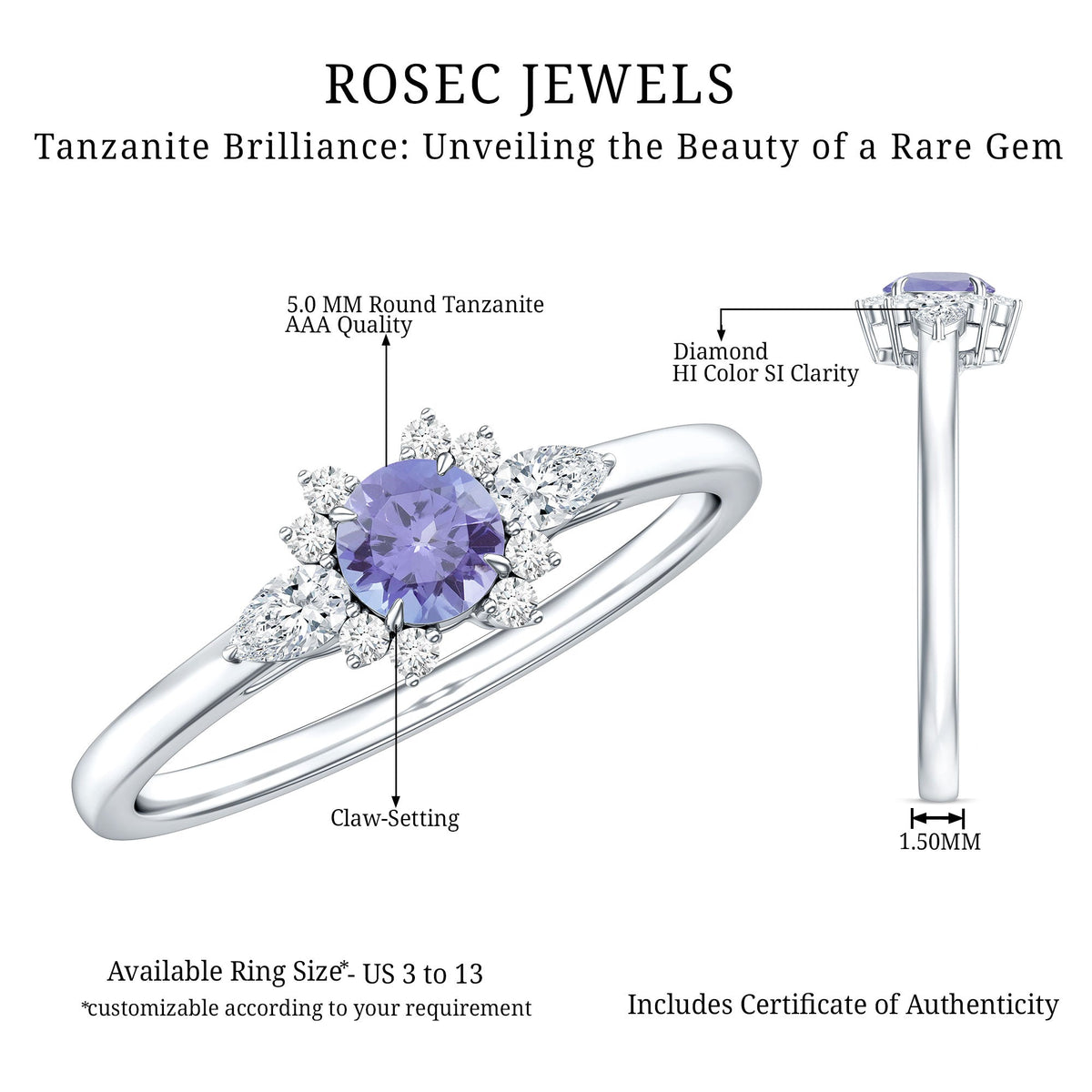 Real Tanzanite Promise Ring with Diamond
