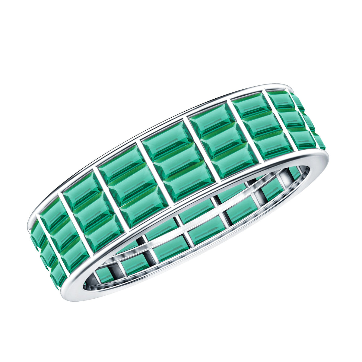 Baguette Cut Lab Grown Emerald 3 Row Eternity Band