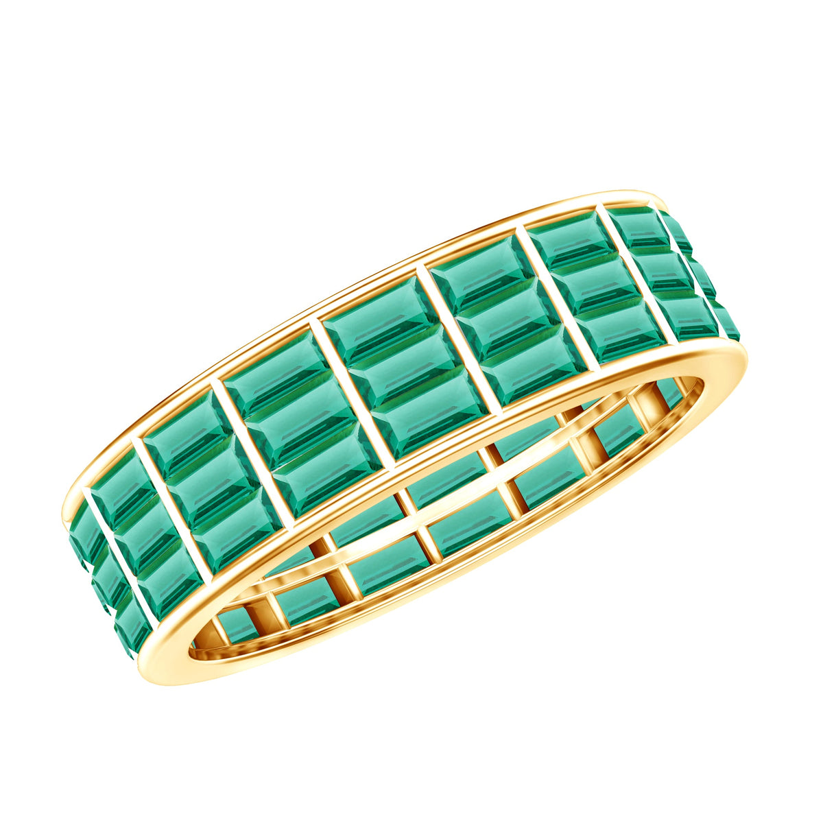 Baguette Cut Lab Grown Emerald 3 Row Eternity Band
