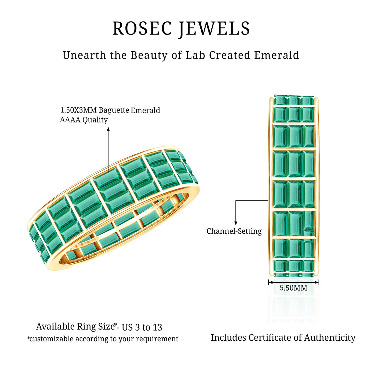 Baguette Cut Lab Grown Emerald 3 Row Eternity Band