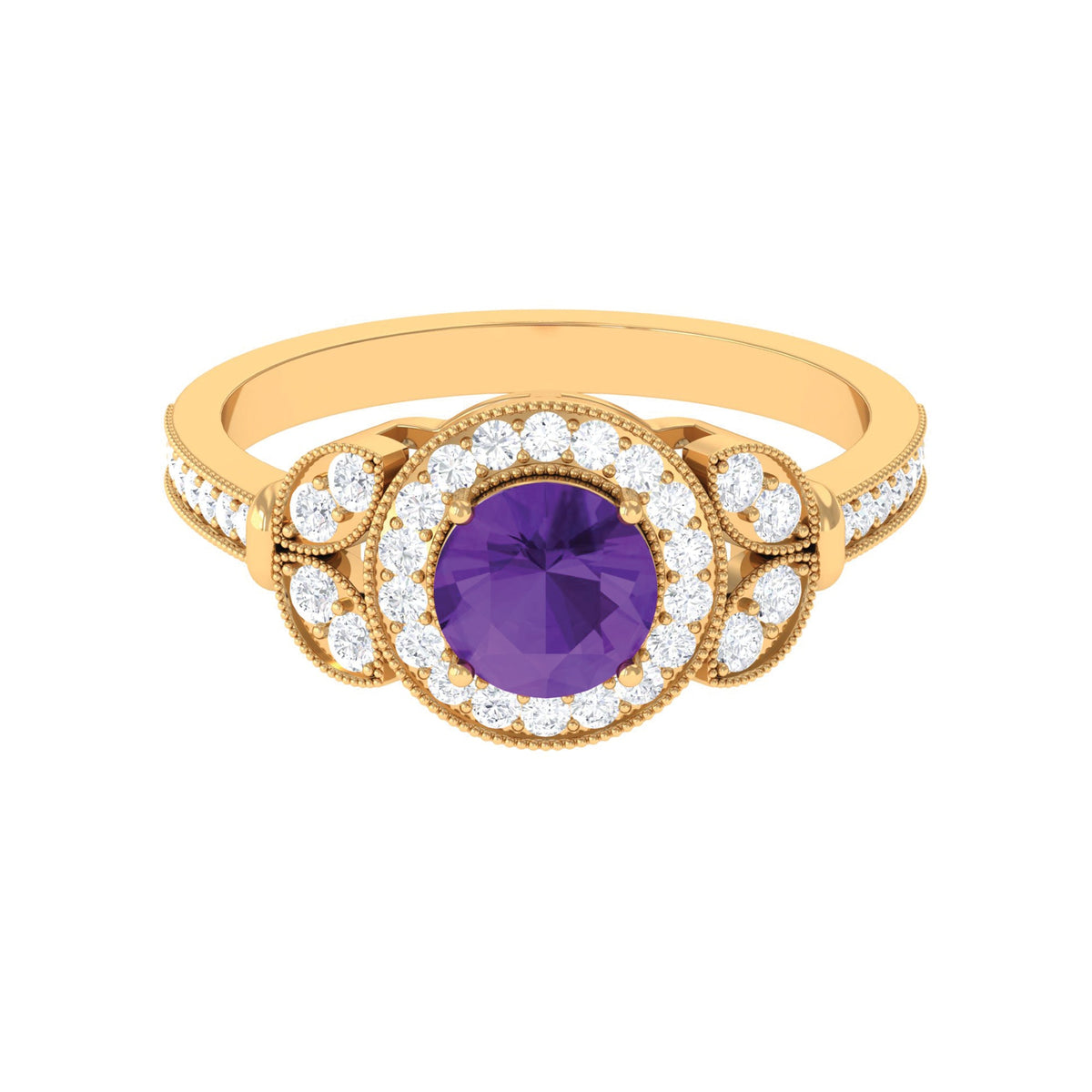 Vintage Looking Amethyst and Diamond Halo Engagement Ring