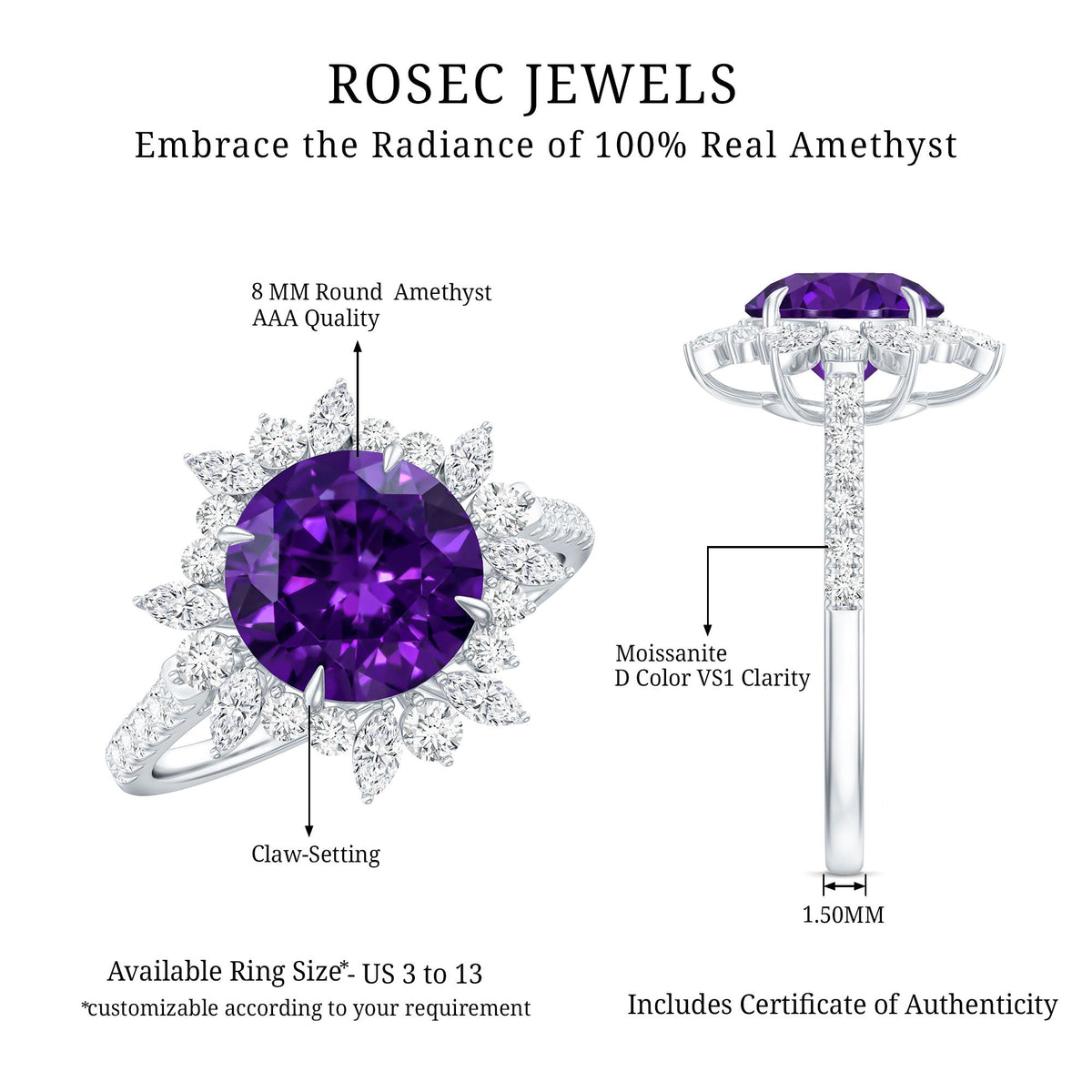 Natural 2 Carat Amethyst Statement Engagement Ring with Moissanite Halo