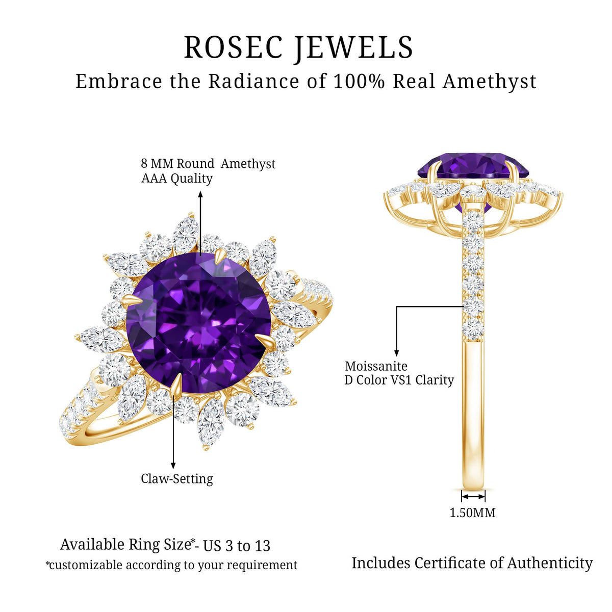 Natural 2 Carat Amethyst Statement Engagement Ring with Moissanite Halo
