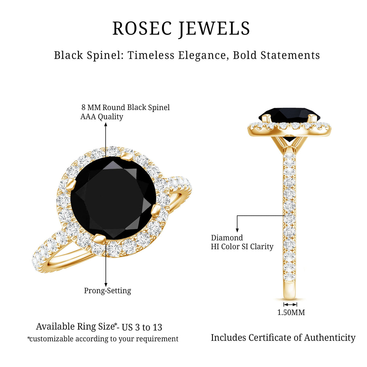 Natural Black Spinel Engagement Ring with Diamond Halo