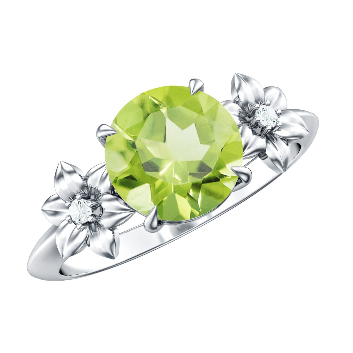 Natural 2 Carat Peridot Flower Engagement Ring with Diamond