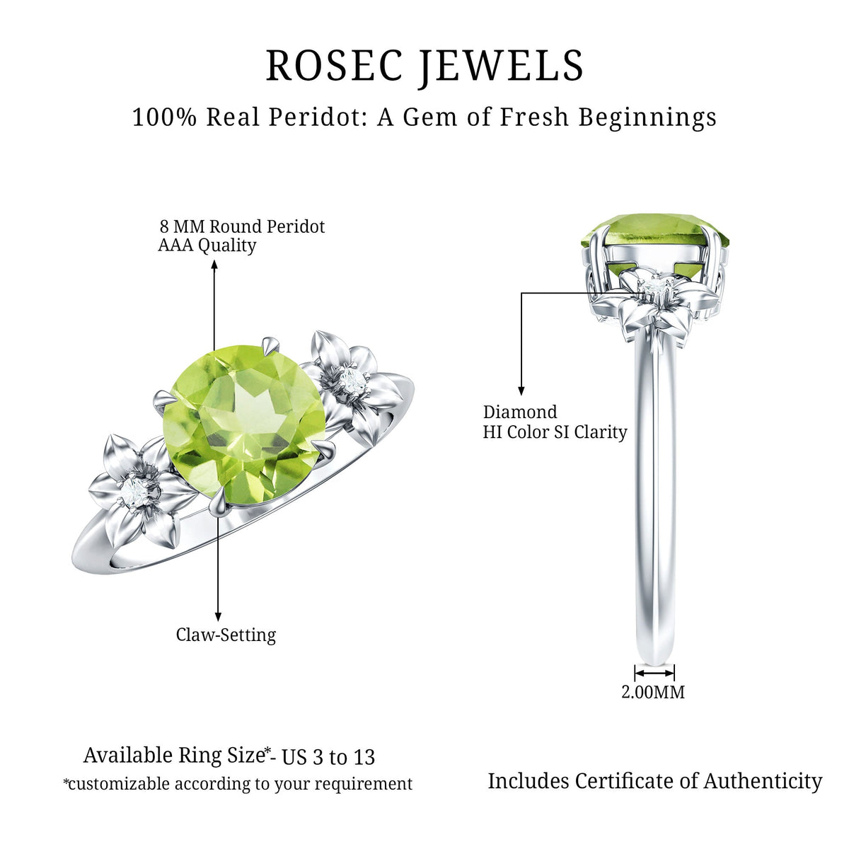 Natural 2 Carat Peridot Flower Engagement Ring with Diamond
