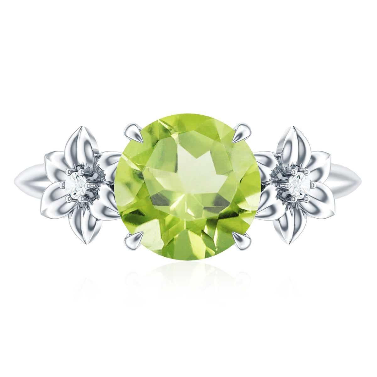 Natural 2 Carat Peridot Flower Engagement Ring with Diamond