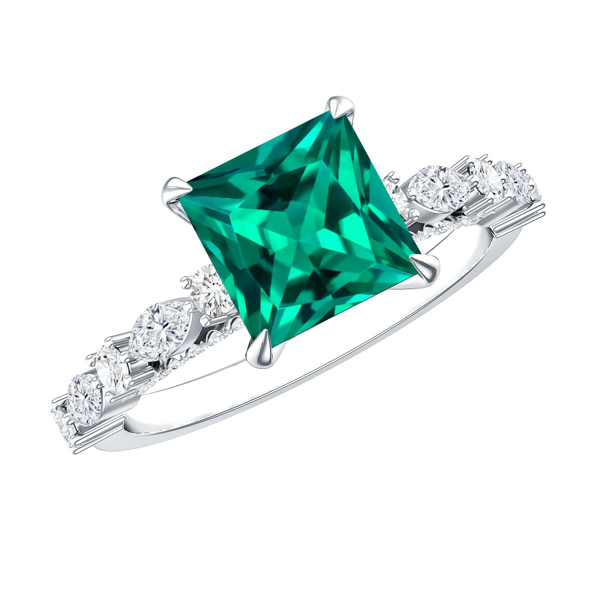 2.4 Carat Solitaire Lab Emerald Princess Cut Engagement Ring with Moissanite